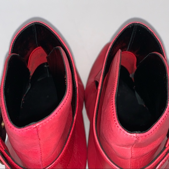 Alexander Mc Queen Red Italy Leather Buckle Heel Ankle Boots 38.5 US 8 - Picture 9 of 14
